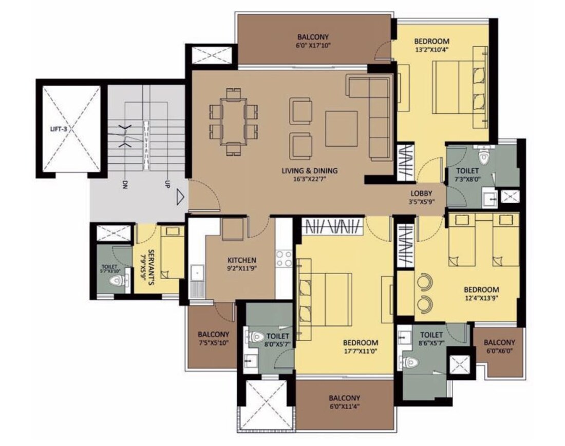 Ambience Creacions — sample 3 BHK plus servant room floor plan with dimensions